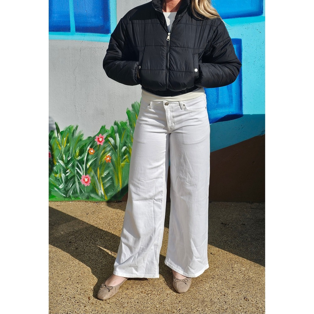 Women Black Cropped Puffer Jacket Zip Up Stand Collar Silver Snap Button Pockets